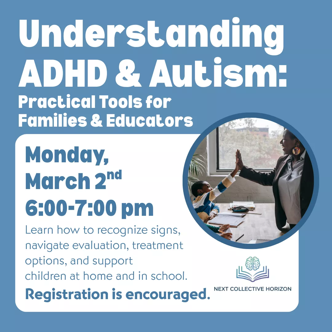 Promotional program slider for understanding a.d.h.d. and autism: practical tools for families and educators. Monday, march 2 from 6 to 7 pm. Learn how to recognize signs, navigate evaluation, treatment options, and support children at home and in school. Registration is encouraged.