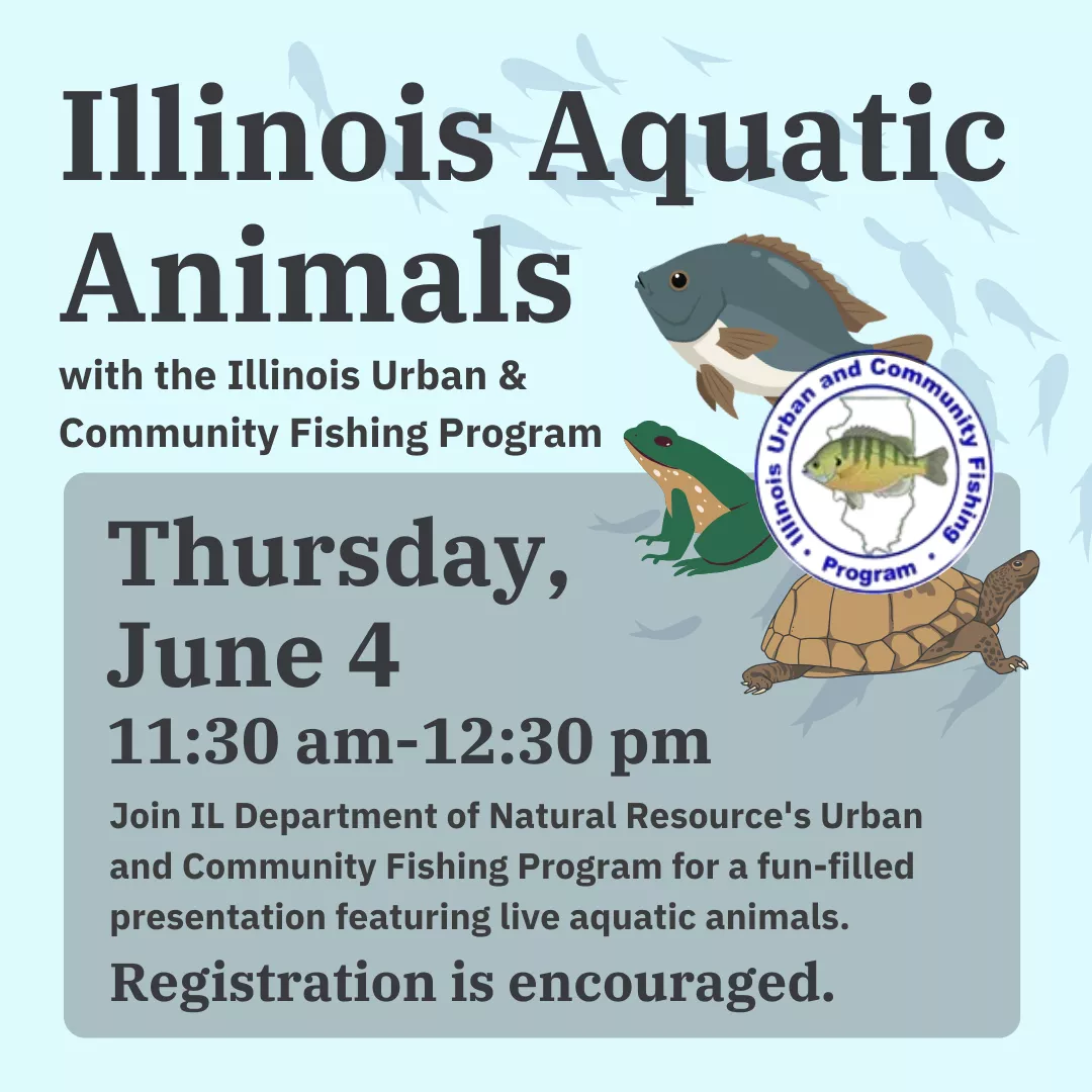 Illinois aquatic animals with the illinois urban and community fishing program. Thursday, june fourth from eleven thirty to twelve thirty P.M. Join illinois department of natural resource's urban amd community fishing program for a fun-filled presentation featuring live aquatic animals. Registration is encouraged.